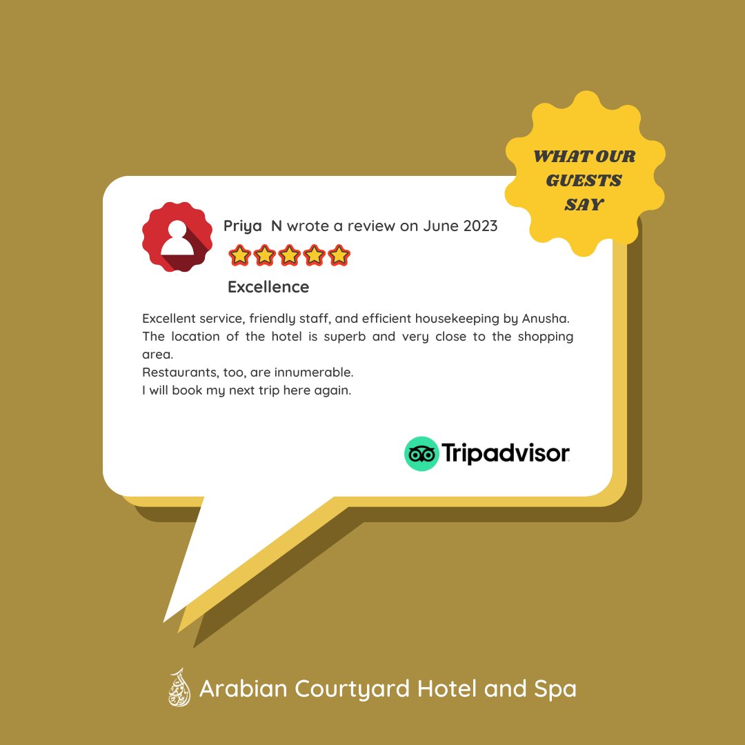 Elevate your travel, unpack your worries, and experience the Arabian ambiance here at Arabian Courtyard Hotel & Spa.
Tripadvisor
Book Now:
heritagedubaihotel.com
#ArabianCourtyardHotelandSpa #AHeritageofExcellence #ArabianCourtyardHotel #HappyGuest #TripAdvisor #Dubai