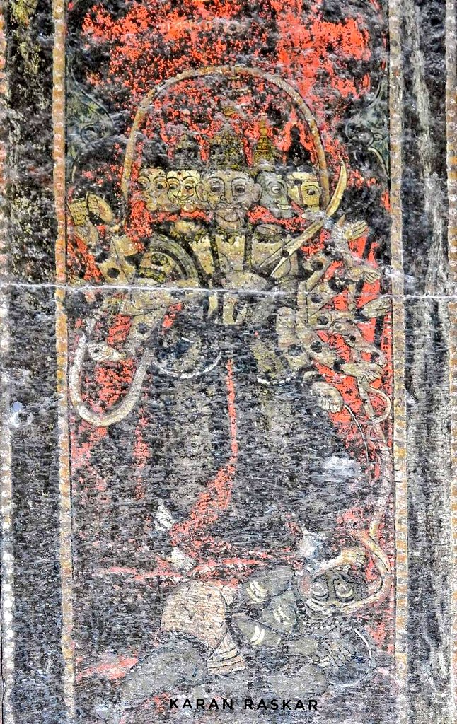 Maratha Wall Art.

Panchamukhi Maruti Hanuman slaying a Rakshas. 

It is so faded, on verge of being greyed out.

Ganapati Panchaytan Mandir at Tasgaon, Maharashtra.

Captured by Shri Karan Raskar.