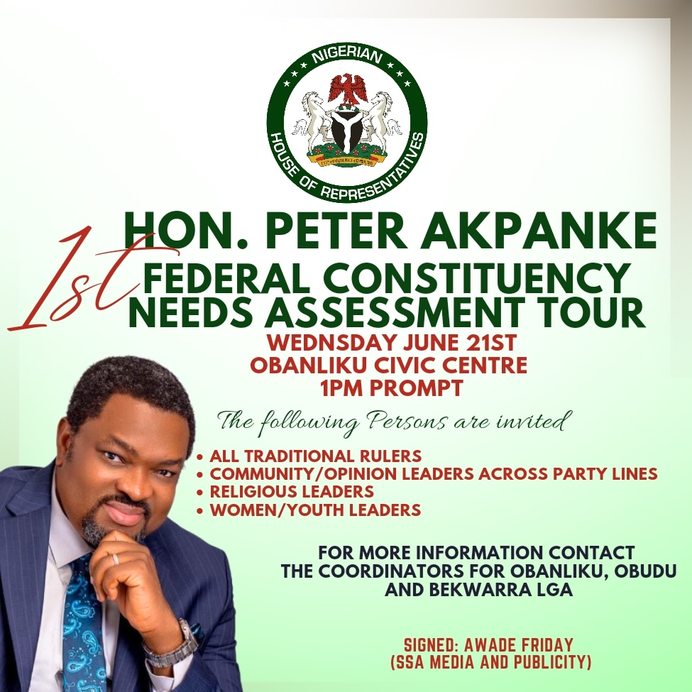 Honpeterakpanke's tweet photo. Day 3 - Hon. (Chief) Peter Akpanke Embarks on Needs Assessment Tour.

The Member Representing Obudu/Bekwarra/Obanliku Federal Constituency, Hon. (Chief) Peter Akpanke first Needs Assessment Tour moves to Obanliku LGA Today 21st of June, 2023 at OBANLIKU CIVIC CENTRE by 1pm Prompt https://t.co/phS1Cm2A3J