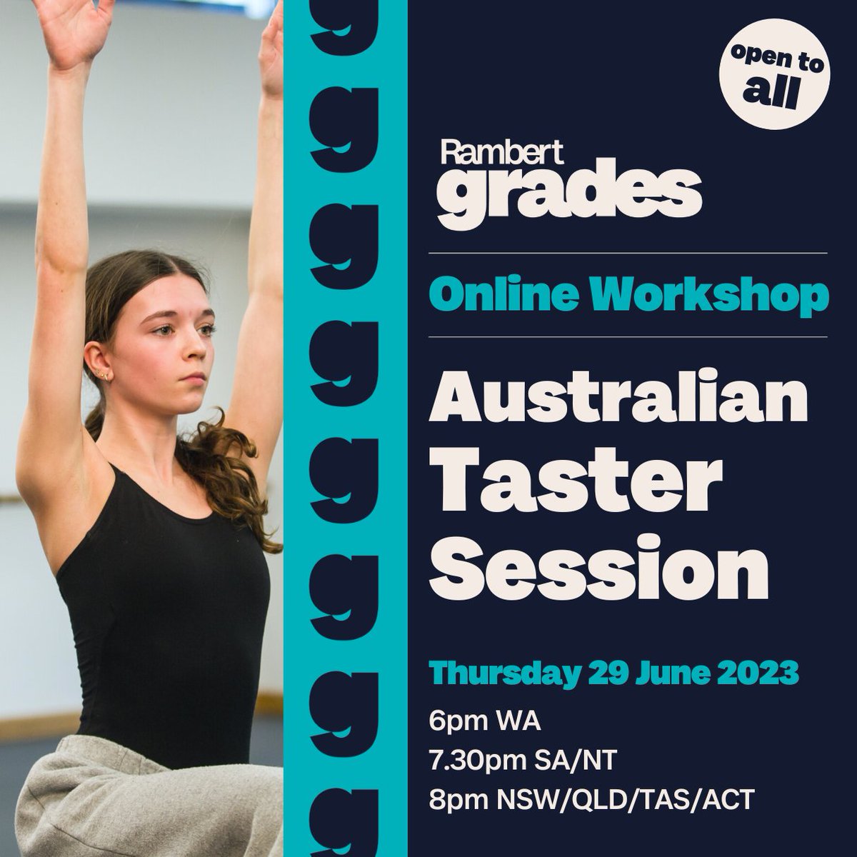 Dance teachers and practitioners across Australia are invited to a free online Taster Session on Thurs 29th June 2023 at 6pm WA / 7.30pm SA/NT / 8pm NSW/QLD/TAS/ACT.

Pre-register: rambertgrades.com/whats-on/taste…