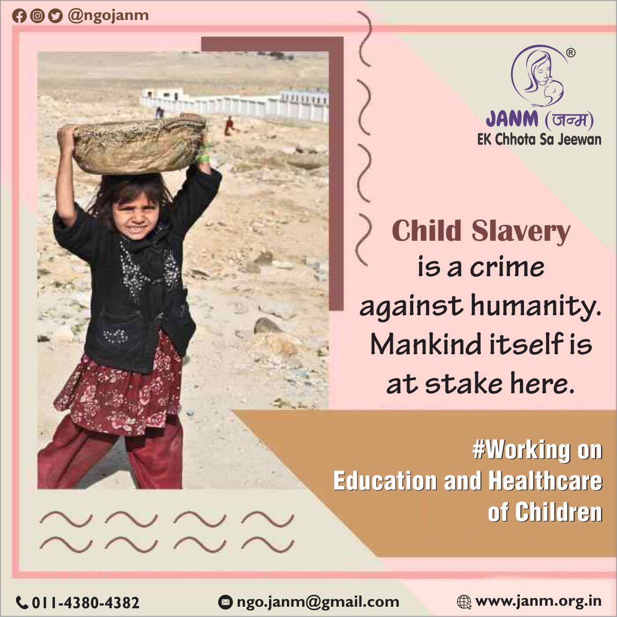 'Child Slavery is a crime against humanity. Mankind itself is at stake here.'

Working on Education and Healthcare of Children.

#ngo #children #RightToEducation #stopchildlabour #freedom #learning #growth #betterfuture #successmindset #Janm #india