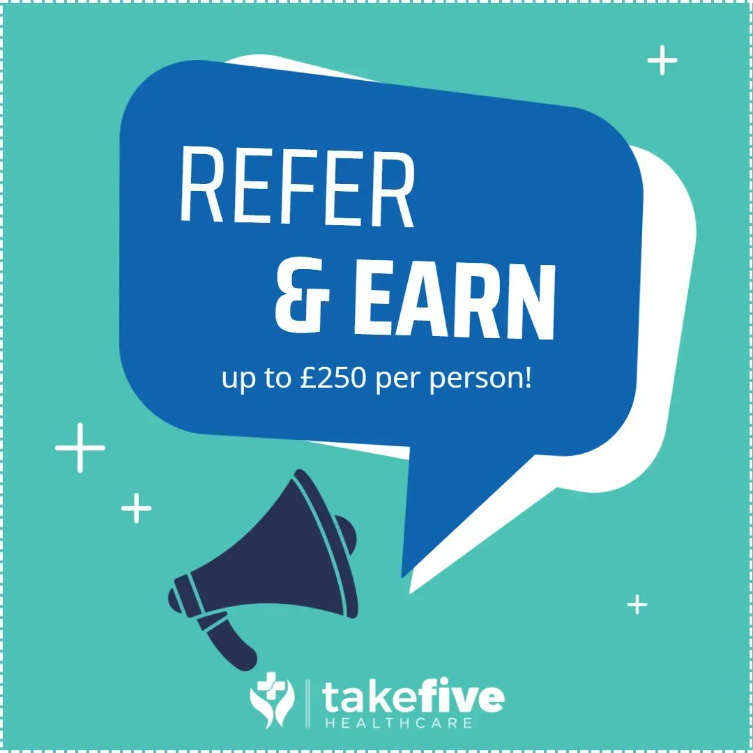 🗣️ Did you know you can earn up to £250 by referring a new colleague to us?😊 

📲 Find out more about our #ReferAndEarn scheme, one of the many benefits of working for #TakeFiveHealthcare : buff.ly/3WBsToj

#ReferAndEarn #WorkInCare #GloucestershireSocialCare
