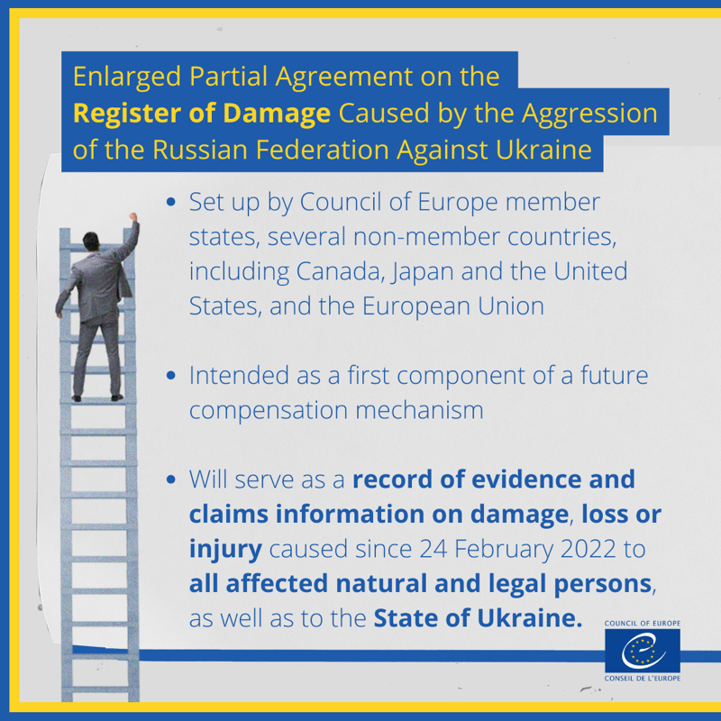 coe's tweet photo. At the #CouncilOfEuropeSummit, Heads of State and Government agreed to establish a Register of Damage caused by the Russian Federation’s aggression as a first step towards an international compensation mechanism.
 
About the Enlarged Partial Agreement on the Register of Damage ⬇️