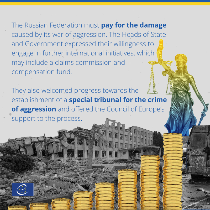 coe's tweet photo. At the #CouncilOfEuropeSummit, Heads of State and Government agreed to establish a Register of Damage caused by the Russian Federation’s aggression as a first step towards an international compensation mechanism.
 
About the Enlarged Partial Agreement on the Register of Damage ⬇️