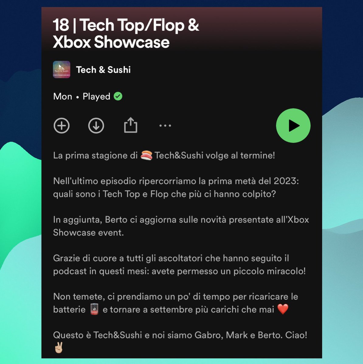 techandsushi's tweet photo. La prima stagione #TechandSushi volge al termine! Nell'ultimo #episodio ripercorriamo la prima metà del 2023 con i #TopFlop e le news dell'#XboxShowcase 

Grazie a tutti gli ascoltatori che hanno seguito il #podcast e ci vediamo a Settembre!  
https://t.co/twn7iD9K8R https://t.co/ujwbOYCRFA