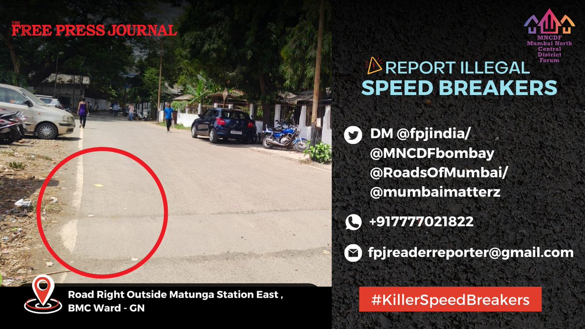 fpjindia's tweet photo. #KillerSpeedBreakers 
Four Speed Breaker, Right Outside Matunga #Station East ,@mybmcWardGN #Mumbai - No white bands are visible on these speed breaker and are unsafe for motorists to use. Please get this repaired at the earliest.     

If you have similar complaints then reach out to us below with the location of the speed breaker and picture.
@fpjindia/ @MNCDFbombay @RoadsOfMumbai /
@mumbaimatterz