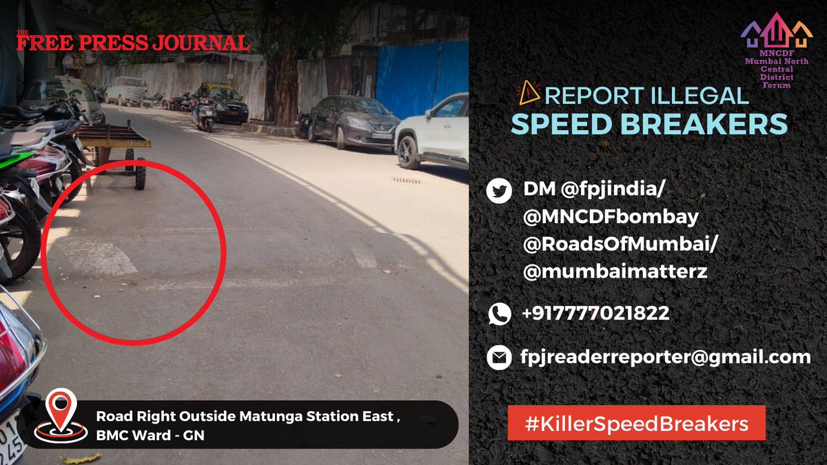 fpjindia's tweet photo. #KillerSpeedBreakers 
Four Speed Breaker, Right Outside Matunga #Station East ,@mybmcWardGN #Mumbai - No white bands are visible on these speed breaker and are unsafe for motorists to use. Please get this repaired at the earliest.     

If you have similar complaints then reach out to us below with the location of the speed breaker and picture.
@fpjindia/ @MNCDFbombay @RoadsOfMumbai /
@mumbaimatterz