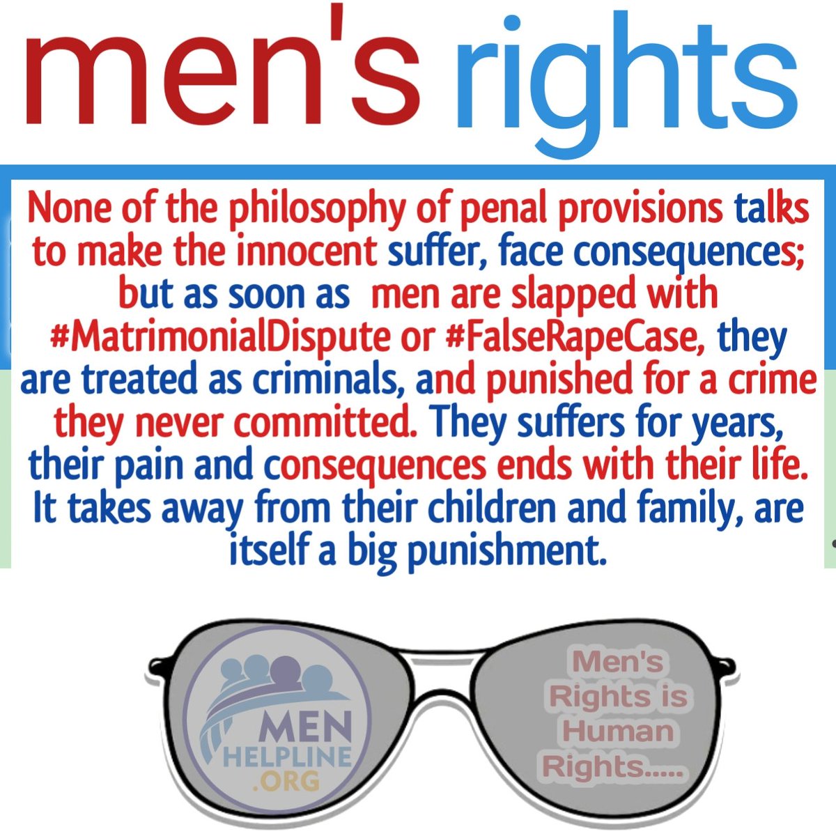None of the philosophy of penal provisions talks to make the INNOCENT suffer but Men suffers as soon as the slapped with #MatrimonialDispute or #FALSERAPECASE

WE DEMAND TO STOP HARASSING MEN IN THE NAME OF #WOMENEMPOWERMENT

#mensrights 
#NarendraModi #ParentalAlienation