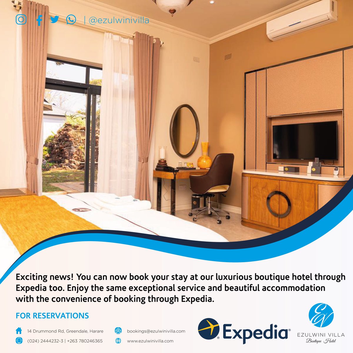 We have exciting news !

🏨 Address: 14a Drummond Road, Greendale, Harare, Zimbabwe

📩 Email: bookings@ezulwinivilla.com
📱 Phone/ WhatsApp: +263 7 80246365/(0242)444232-3
🖇️ Website: ezulwinivilla.com