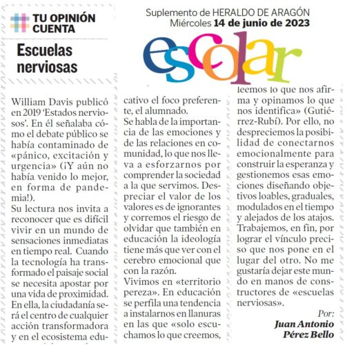 ✍️ <a href="/HeraldoEscolar/">Heraldo Escolar</a>:  "Vivimos en “Territorio pereza”. En educación “solo escuchamos lo que creemos y leemos lo que nos afirma (...)” (G-Rubí)
📸 instagram.com/jaimeperpinya 
➡️<a href="/Rosamllorente/">Rosa Llorente</a> @Mamparojh <a href="/alfredohernando/">Alfredo Hernando</a> <a href="/Cotec_Innova/">Fundación Cotec</a> <a href="/Maitelopezpa/">Maite López</a> <a href="/BegoHB25/">Begoña Huerta Bolea</a>
📲juanantonioperezbello.com/escuelas-nervi…