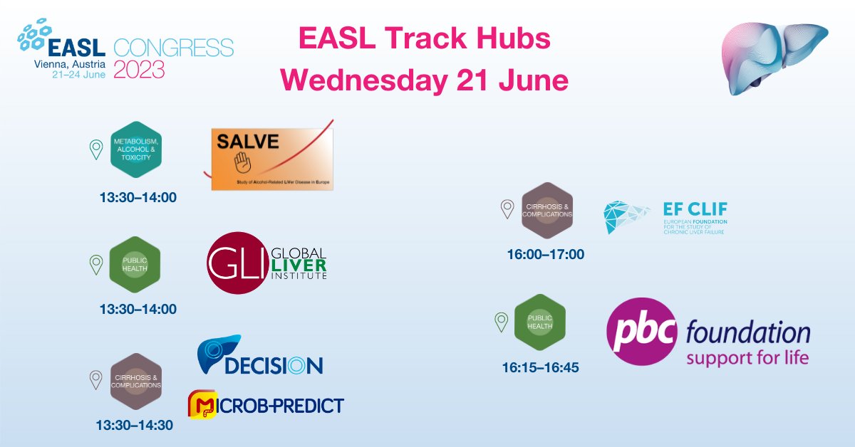 Today at the EASL Track Hubs:

@SALVE_liver at 13:30, Metabolism Alcohol & Toxicity Track Hub
@Decision4Liver & @MicrobPredict at 13:30, Cirrhosis & Complications Track Hub
@GlobalLiver at 13:30, Public Health Track Hub
@ef_clif at 16:00, Cirrhosis & Complications Track Hub