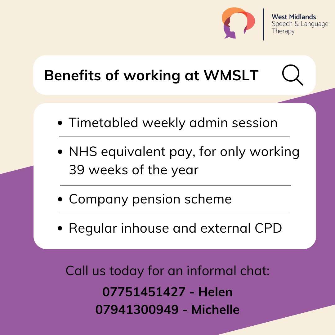We are hiring several positions within our team to start September 2023! We are a team of around 30 working in education settings across the West Mids, including SaLTs, OTs, support and admin staff.

Click here for info and to apply: wmspeechtherapy.co.uk/careers-2/ 

#SLCNjobs #mysltday