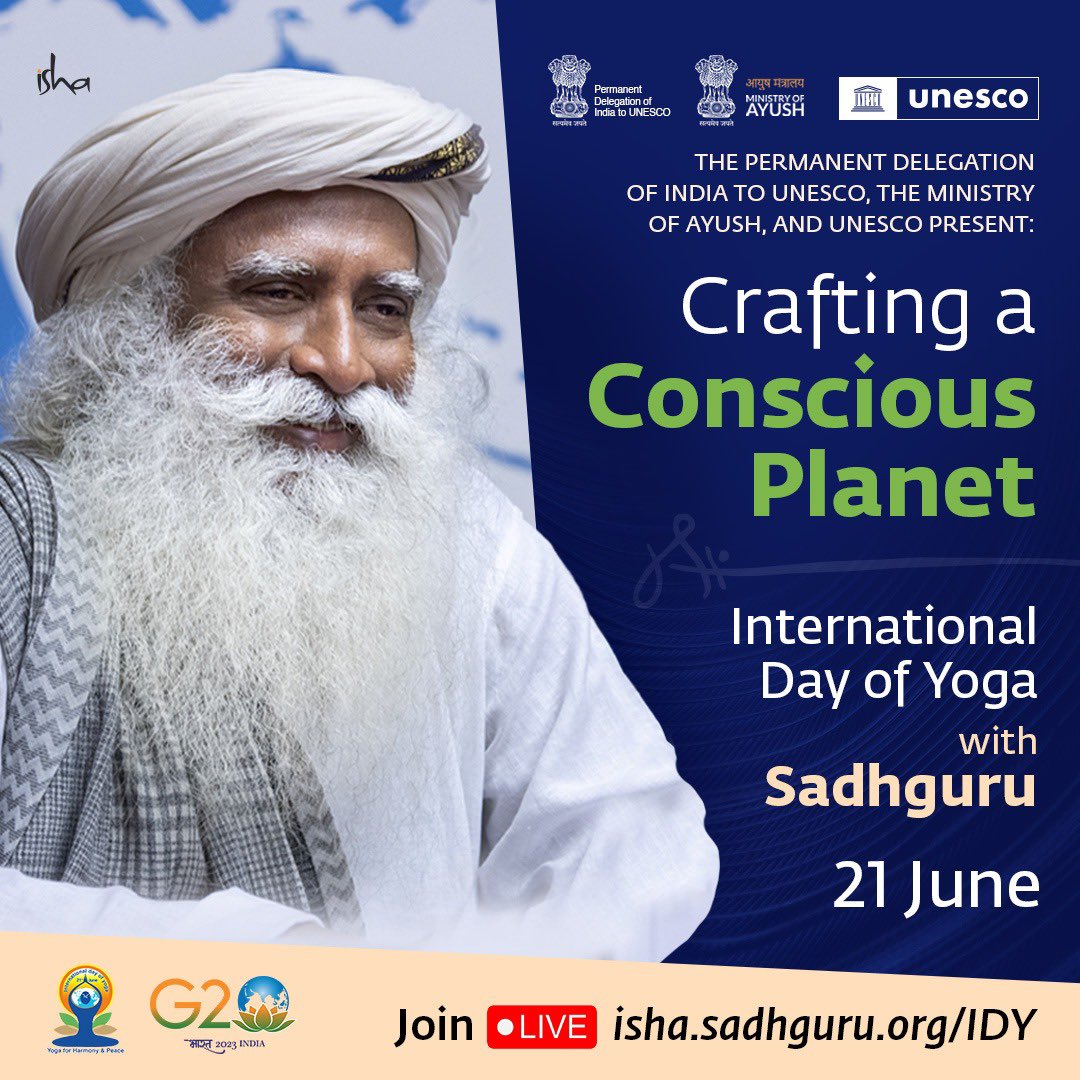 International Day of Yoga with Sadhguru at UNESCO - Crafting a Conscious Planet

Join Livestream at 9.00 am ET  I  3.00 pm CEST  I  6.30 pm IST
youtube.com/watch?v=81J_pa…

#InternationalDayofYoga