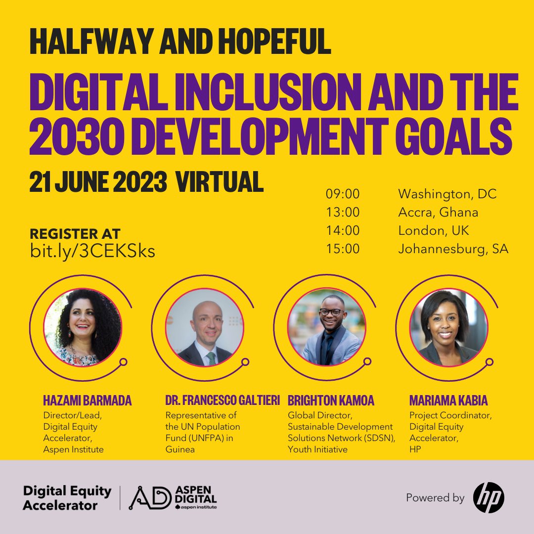 Thanks @HazamiBarmada for the #opportunity to share experiences and discuss how #digitalization can help accelerate the achievement of #Agenda2030 #GlobalGoals leveraging #inclusion and #participation.

Join us!

#SDGs #ActionCounts #ForPeopleForPlanet #RightsAndChoices