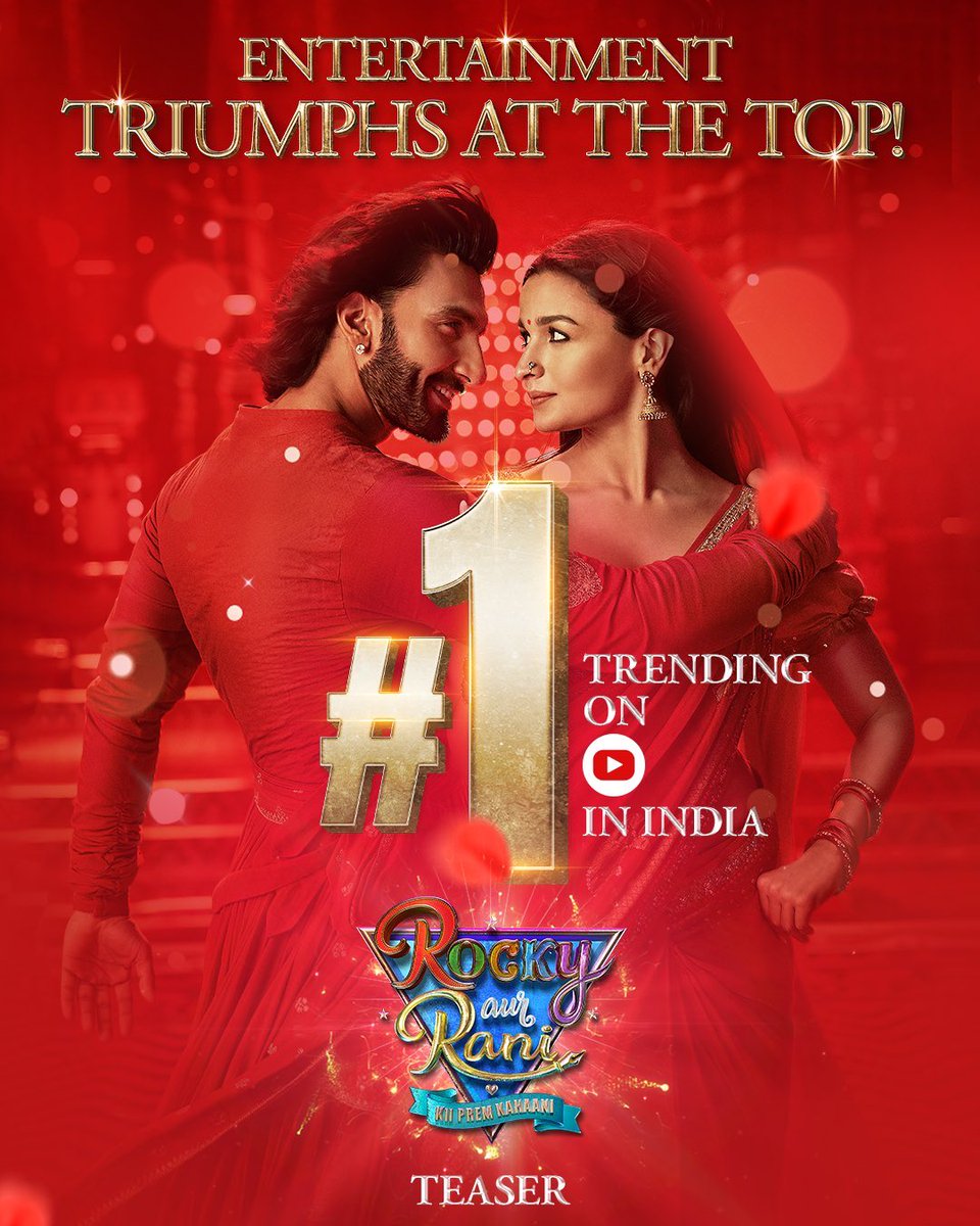 #RRKPKTeaser is trending at 𝗡𝗼.𝟭 𝗼𝗻 𝗬𝗼𝘂𝗧𝘂𝗯𝗲 with 𝟭𝟴𝗠𝗶𝗹𝗹𝗶𝗼𝗻 𝗩𝗶𝗲𝘄𝘀.

#RockyAndRaniKiiPremKahaani Releasing on 28th July only in Cinemas.

#RRKPK | #RanveerSingh | #AliaBhatt | #KaranJohar