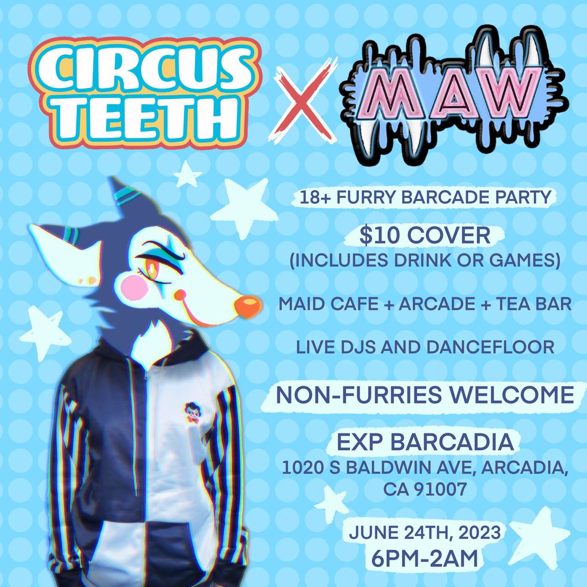 circusteethshop's tweet photo. For the first time in over a year, CIRCUSTEETH will be selling at a booth! Catch our comeback at @MAW_corp , a furry party in southern California. 🤡🤝🐶 Info below! https://t.co/KA6S8zxPdN