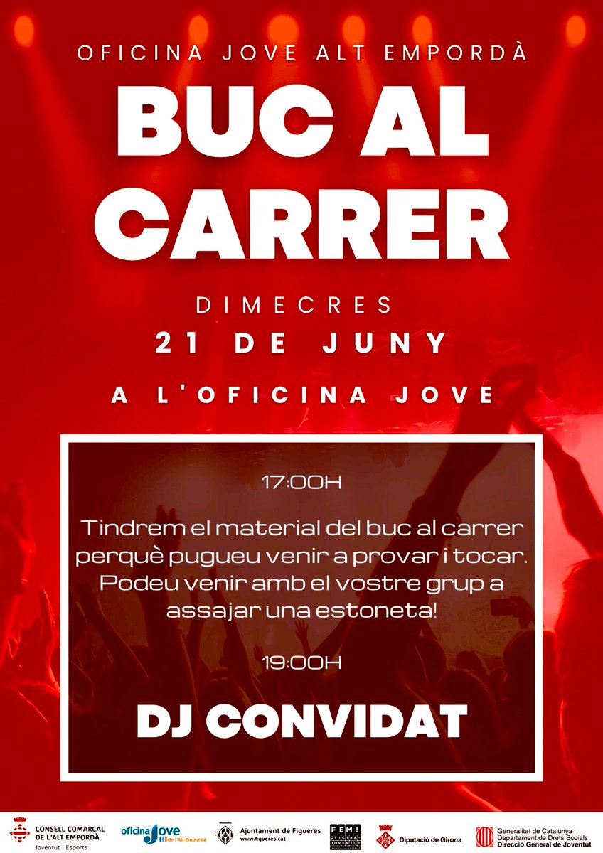 Vine a celebrar el #diadelamusica 🎸 amb nosaltres!

Avui #21J a partir de les 17h traiem el #BUCalCARRER per gaudirde la música en directe des de l’Oficina Jove #AltEmpordà 🎶

#Figueres #FemSoroll 🥁