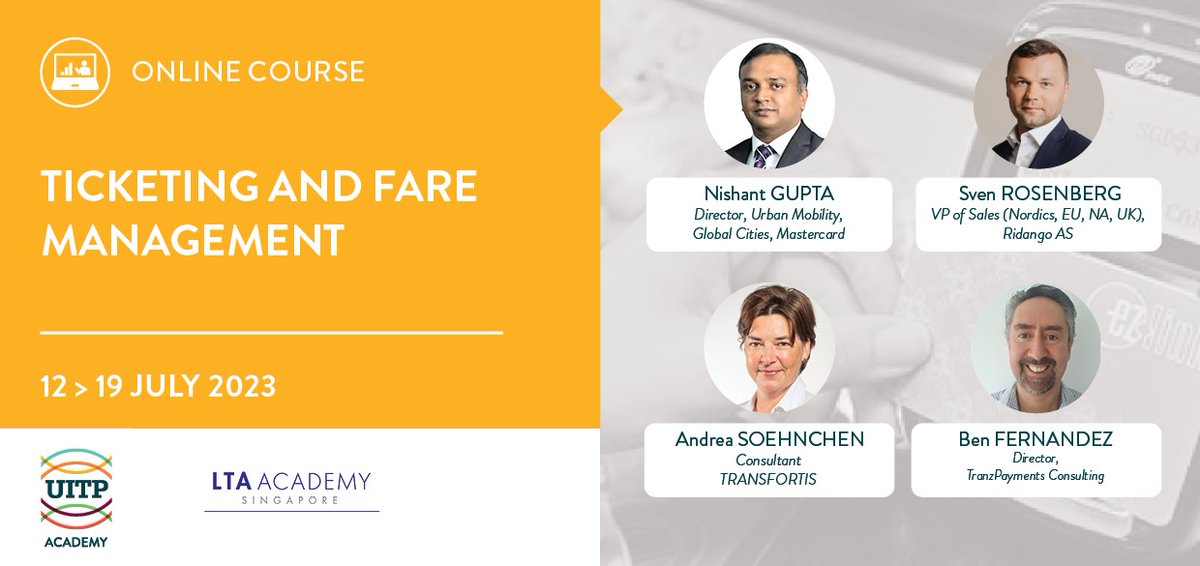 💻 #UITPAcademy, in partnership with LTA Academy, is launching an online course on Ticketing and Fare Management 🎫 🚍
  
✅ Analyse and discuss available ticketing systems and fare management trends
✅ Gain an international overview of practices and solutions in ticketing
✅
