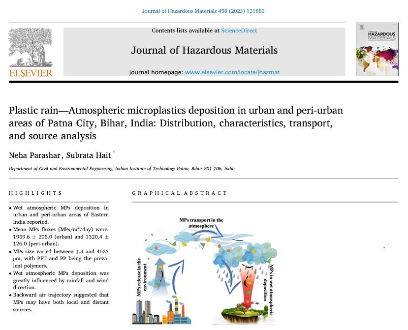 Our recent publication, in @HAZMAT_journal, presents the first evidence of plastic rain - the atmospheric microplastics deposition in urban and peri-urban areas in the Indian subcontinent. Congratulations to @neha_parashar4! 50 days free access at: authors.elsevier.com/a/1hHkx15DSlRf…