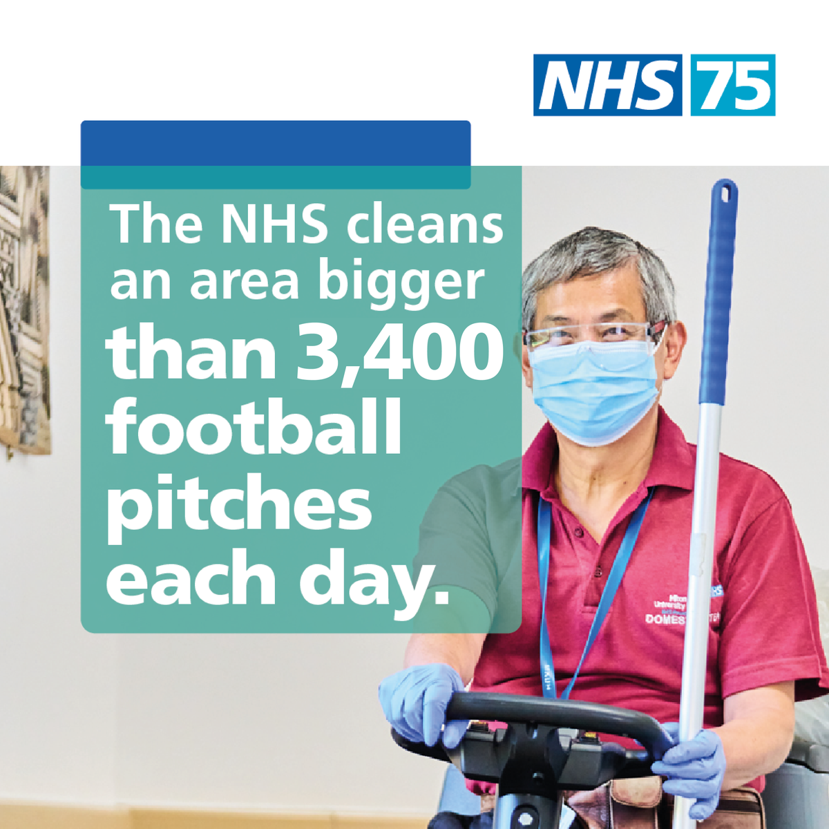 The NHS cleans an area bigger than 3,400 football pitches each day. The estates and facilities teams are vital to the NHS, without whom many other roles couldn’t function or continue to provide life-saving care. Thank you for your invaluable contribution. 💙 #NHS75