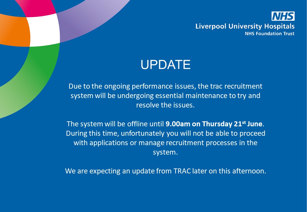 UPDATE REGARDING TRAC

TRAC will be offline until 9.00am on Thursday 21st June due to the ongoing performance issues.

Unfortunately you will not be able to submit job applications during this time or manage any recruitment processes.

We apologise for any inconvenience caused.