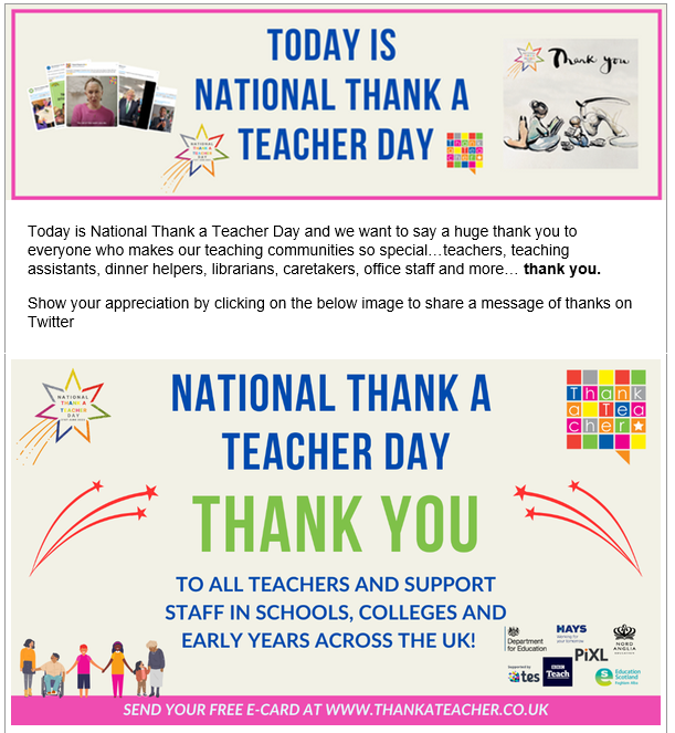 The Pegasus Partnership Trust (@tpptharrow) on Twitter photo THANK A TEACHER, TA, CARETAKER, LEADER, LUNCH ASSISTANT...or any school staff member day!
Celebrate the brilliant staff across <a href="/WellDoneWelldon/">The Welldon Park Academy</a> and <a href="/priestmeadproud/">Priestmead Primary</a> by sending a free e-card to thank them! thankateacher.co.uk/thank-a-teache…
<a href="/educationgovuk/">Department for Education</a> <a href="/tes/">Tes magazine</a> <a href="/TeachingAwards/">The Pearson National Teaching Awards</a> THANK A TEACHER, TA, CARETAKER, LEADER, LUNCH ASSISTANT...or any school staff member day!
Celebrate the brilliant staff across <a href="/WellDoneWelldon/">The Welldon Park Academy</a> and <a href="/priestmeadproud/">Priestmead Primary</a> by sending a free e-card to thank them! thankateacher.co.uk/thank-a-teache…
<a href="/educationgovuk/">Department for Education</a> <a href="/tes/">Tes magazine</a> <a href="/TeachingAwards/">The Pearson National Teaching Awards</a>