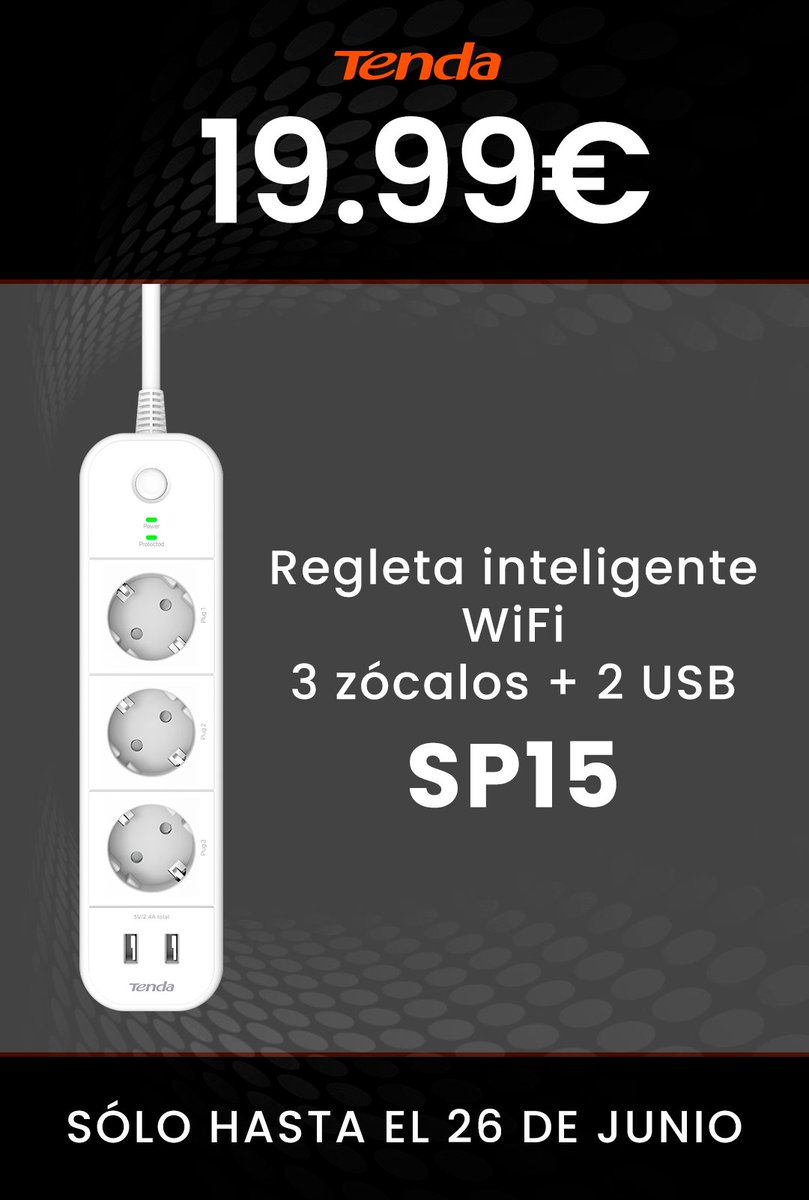 Nuevo día, nueva #oferta. Hoy #miércoles te puedes llevar nuestra regleta inteligente #WiFi #Tenda SP15 a un precio sin competencia. Con 3 tomas eléctricas + 2 puertos USB con configuración independiente mediante #APP. Corre que vuelan.
▶️ bit.ly/3Xhzww5 ◀️