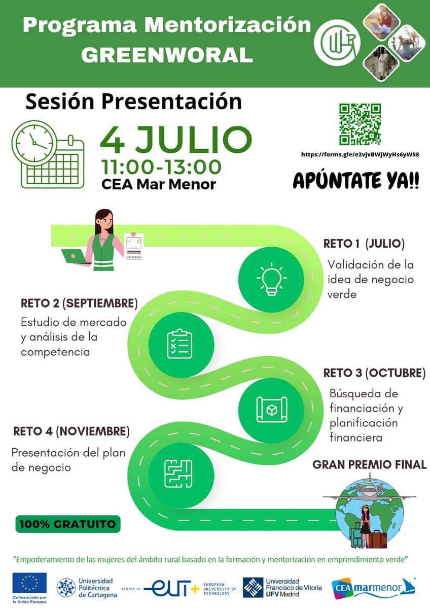 ¿Tienes una idea de negocio verde y necesitas una ayuda para convertirla en realidad? Apúntate ya al programa de mentorización #Greenworal:  forms.gle/e2vjvBWjWyHs6y…
📷El 4 de julio de 2023 realizaremos una sesión de presentación, donde explicaremos los detalles del programa.