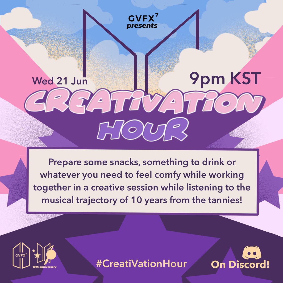 gvfxarmy's tweet photo. 🎆 FESTA CREATIVATION HOUR 🎆 

Today @ 9pm KST on our Discord

Create anything you want! Or something for BTS Anniversary!

JOIN US HERE https://t.co/6g7Pi4afbB

#CreatiVationHour #gvfxLEGACY #gvfxDECENNIUM https://t.co/V3vQ93wgWH