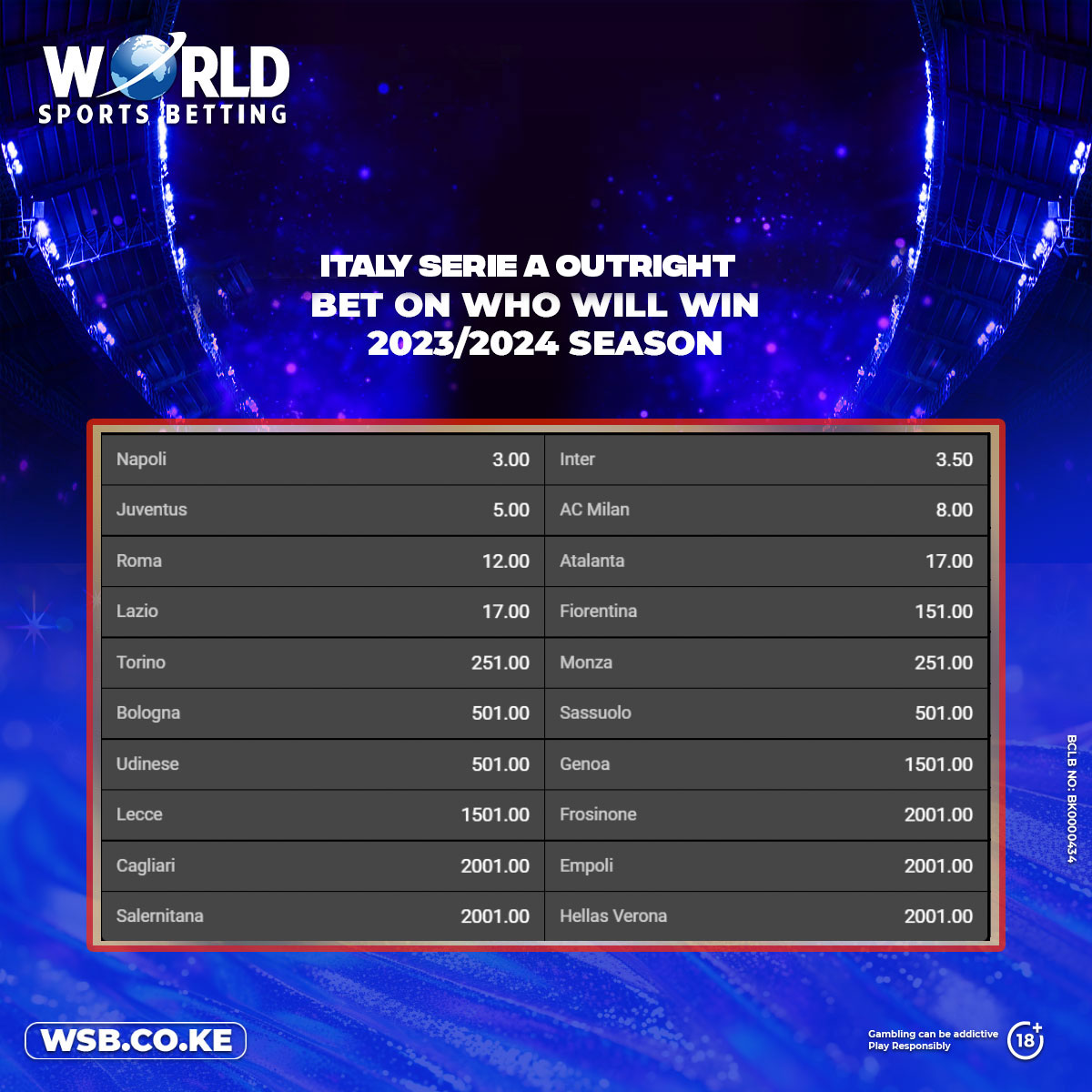 WSB_KE's tweet photo. The Italy Serie A season kicks off on 19th August 2023!π₯³
Predict and place a bet on 2023/2024 winner and win on the biggest odds in Kenya!π°πͺπ°πͺπ°πͺ
BET HEREπ²: https://t.co/ooJXx4ExrE
#SerieA
#wrc2023
#manchesterunited
#WinWithWSB https://t.co/LqGnsKjRTw
