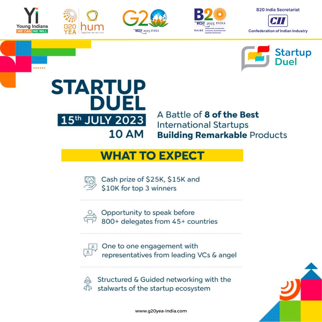 Startup Duel offers a thrilling encounter to new age startups to demonstrate that they are developing a groundbreaking product.

REGISTER TODAY!

#g20yeasummit #G202023 #entrepreneurship #startups #startupbusiness #businessfunding #startupfunding #fundingopportunity