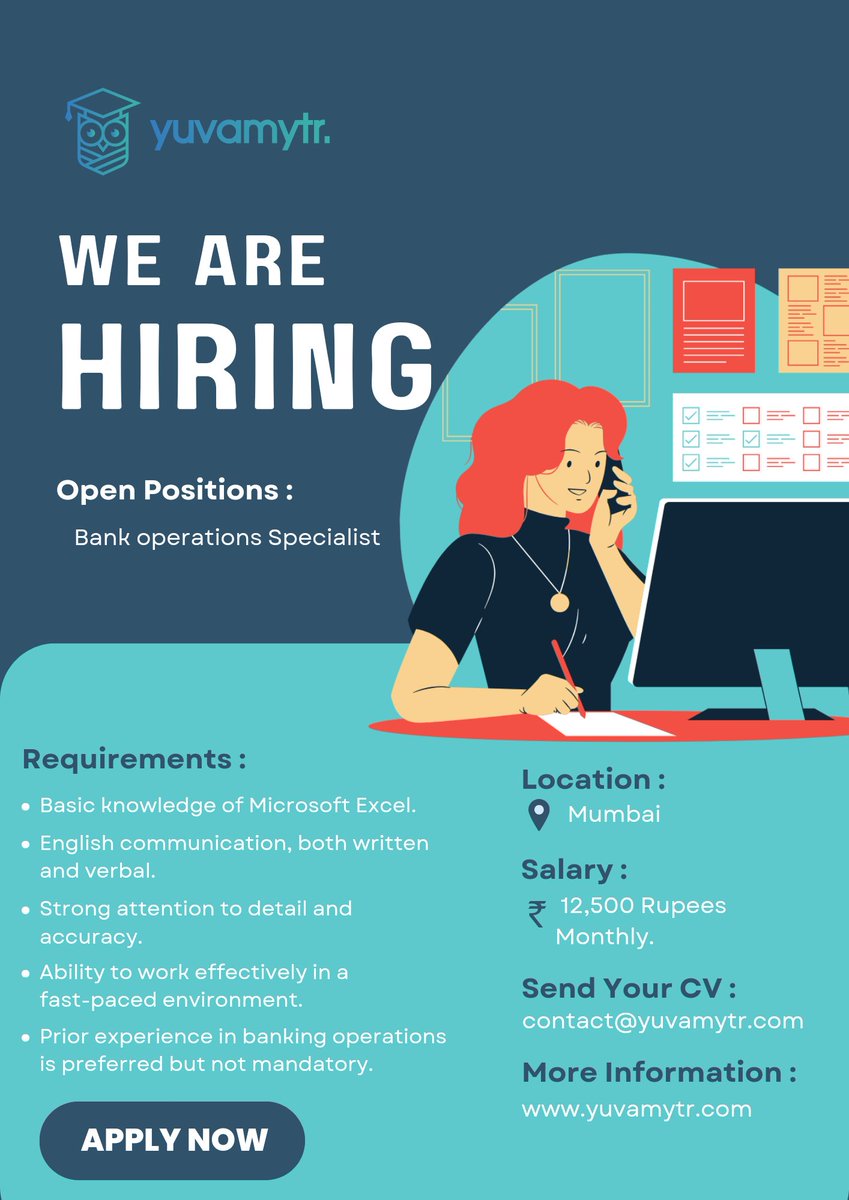 Attention @TPO’s & Placement Heads, we have open positions for banking operations in Maharashtra. Kindly share student’s profiles for BCom, BBA and BA graduates. contact@yuvamytr.com 

#JobOpening #HiringNow #JobOpportunity #JobSeekers #JoinOurTeam #JobPosting #FreshGraduates