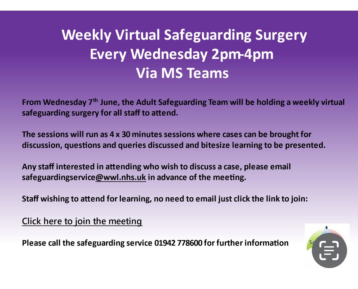 📣 Calling all WWL staff📣
The next virtual Adult Safeguarding Surgery 🔸TODAY🔸
Four sessions:🟡2pm🟣2.30pm🟢3pm🟠3.30pm.
An opportunity for us to deliver bitesize training and discuss cases.
Join us, listen in and further your knowledge of our safeguarding processes at WWL.