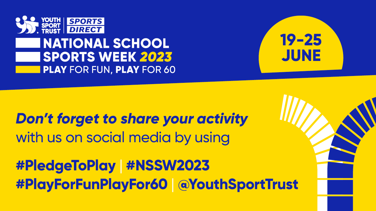 YouthSportTrust's tweet photo. Day 3 of National School Sports Week, powered by @SportsDirectuk, let’s go! 🚨
We hope you’re enjoying the week trying different activities to reach 60 active minutes. If you’re running, jumping, skipping or dancing, it all counts. Well done! #NSSW2023 #PledgeToPlay #SportsSlam https://t.co/z8crhB3KEq