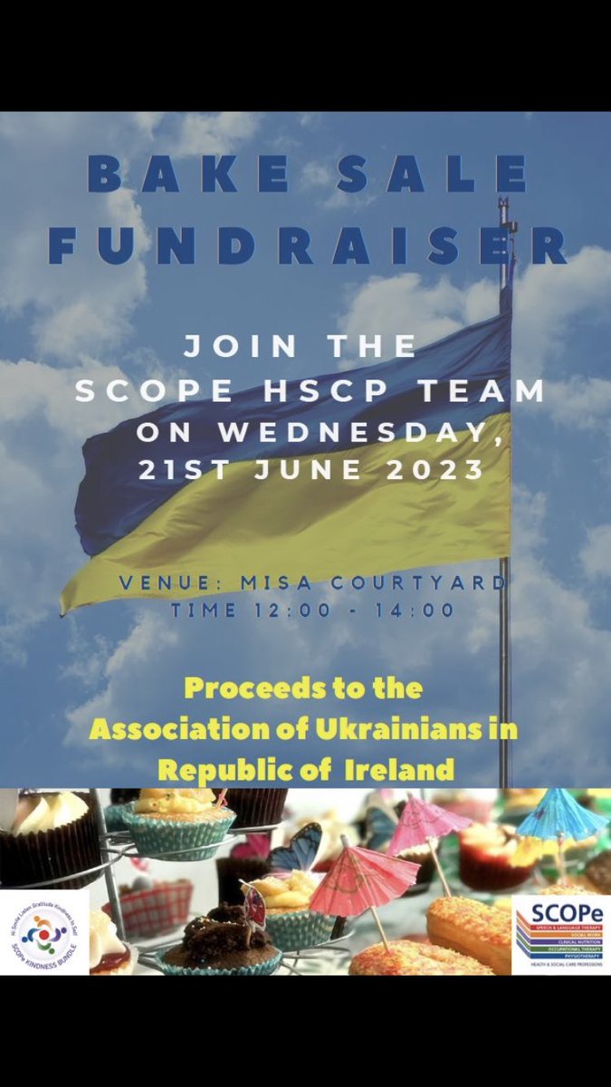🎂Hope everyone is looking forward to some sweet treats later on 🎂 <a href="/stjamesdublin/">St James's Hospital</a> SCOPE Kindness Committee have organized a bake sale and choir performance in aid of Ukraine 🇺🇦 Find us in the Misa Courtyard from 12pm 🧁🍰