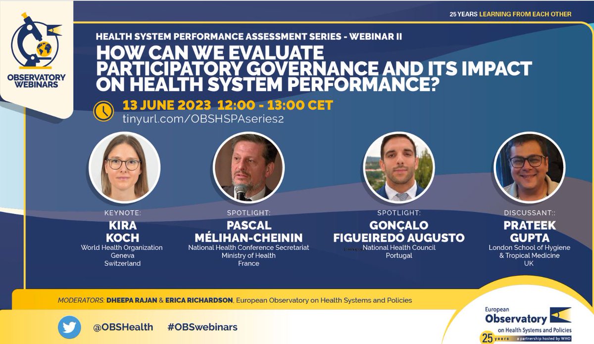 This interesting webinar was held by the European Observatory #OBShealth focusing on: 

How can we evaluate participatory governance and its impact on #healthsystem performance?

If you missed the event, find the recording here👇
youtube.com/watch?v=0ko3sx…