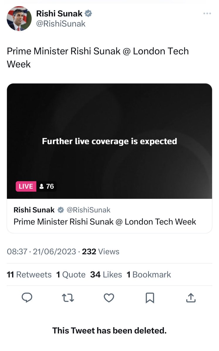 Rishi Sunak Tweet has been deleted for London Tech Week 

Failure after failure 🙄 

#RishiOut
#LondonTechWeek 
#UKInflation