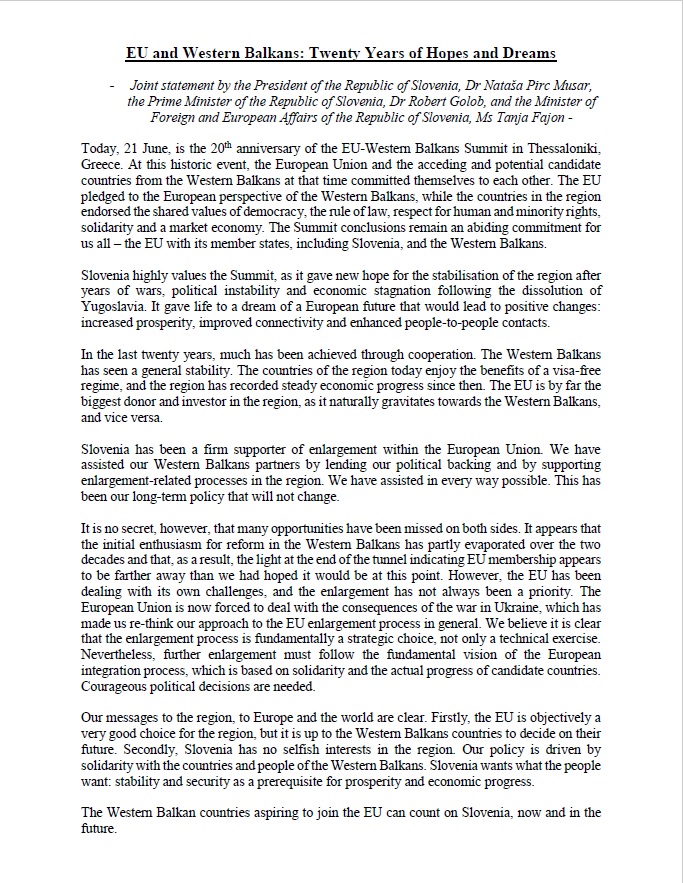 SLOinNMK's tweet photo. EU and Western Balkans: Twenty Years of Hopes and Dreams

- Joint statement by the President of Slovenia, Dr Nataša Pirc Musar, the Prime Minister of Slovenia, Dr Robert Golob, and the Minister of Foreign and European Affairs of Slovenia, Ms Tanja Fajon - https://t.co/ZD1SkiMvLT