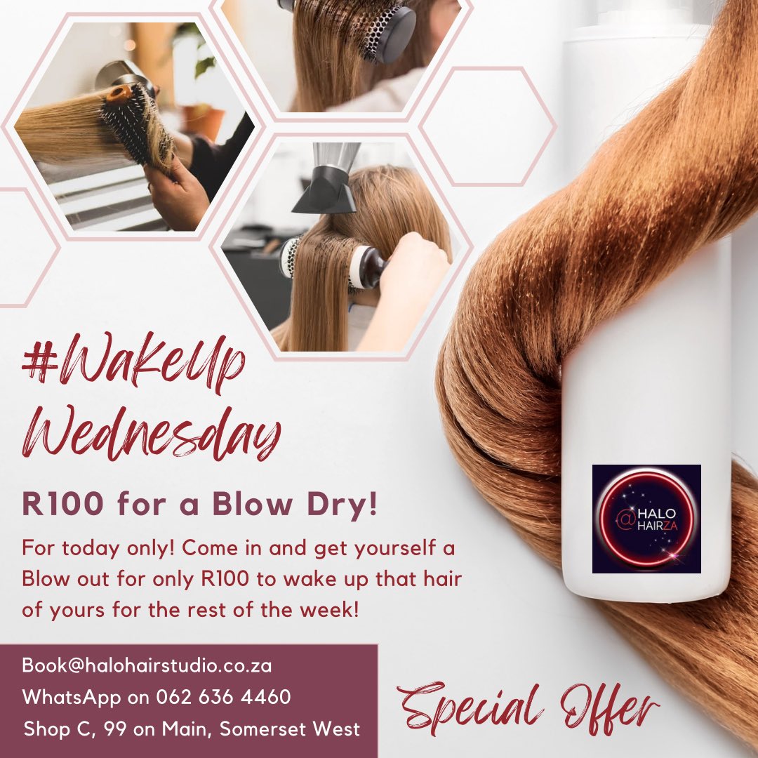 For today only, R100 for a blow out! Book now 0626364460! #WakeUpWednesday #HelderbergHairSalon #Helderberg #SomersetWest #OneDayOnlyDeals