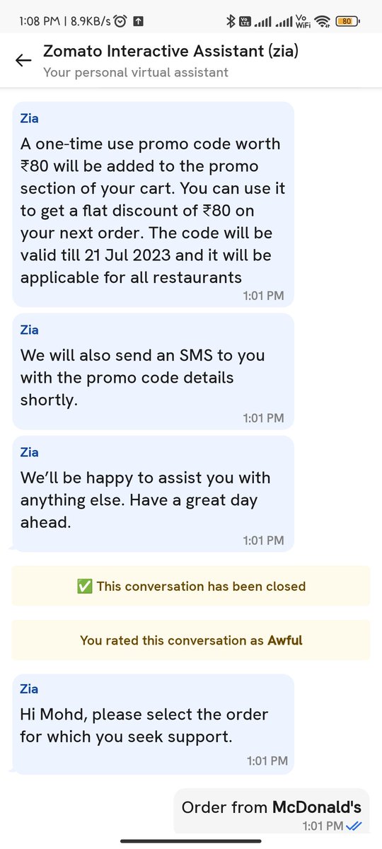Ribscan1's tweet photo. Messing up the order is one thing, it may happen i understand but the @zomato customer care response was way worse than expected. I was connected to bot and had no chance of explaining the situation. I had to accept the response that bot provided, didnt even got to reply https://t.co/L0oH3pZB7l