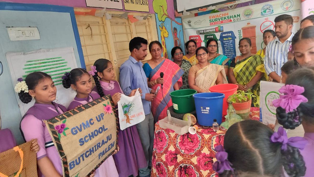 GVMC_VISAKHA's tweet photo. Awareness on "Eco Vizag" campaign conducted in UP School, Butchirajupalem involving the public health department staff and sachivalayam staff of Zone 8.  

#SwachhSurvekshan2023 
#SwachhSurvekshan2023Visakhapatnam 
#VisakhaSwachhSankalpam 
#VizagSaysNotoPlastic 
#EcoVizag 
#RRR4LIFE 
#IndiaVsGarbage 
#ChooseLiFE 
@AndhraPradeshCM 
@AudimulapSuresh 
@GHVKumariMayor 
@CDMA_Municipal 
@SwachhBharatGov 
@SwachhaAndhra 
@SwachSurvekshan 
@swachhbharat 
@MoHUA_India 
@AmritMahotsav 
@pibvijayawada