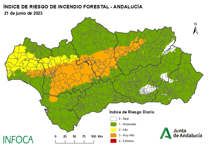 Plan_INFOCA's tweet photo. 🗺️ RIESGO INCENDIOS FORESTALES #Andalucía | 21/06/23
Mapas con ÍNDICES de RIESGO para hoy, mañana y pasado, realizados por la Unidad Técnica de Análisis del Fuego (#UTAF). La actualización de la predicción trae algún cambio de aspecto, pero no en nuestra llamada a tu #Precaución. https://t.co/RhgzGUBWf9