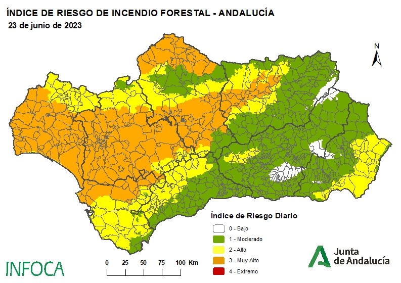 Plan_INFOCA's tweet photo. 🗺️ RIESGO INCENDIOS FORESTALES #Andalucía | 21/06/23
Mapas con ÍNDICES de RIESGO para hoy, mañana y pasado, realizados por la Unidad Técnica de Análisis del Fuego (#UTAF). La actualización de la predicción trae algún cambio de aspecto, pero no en nuestra llamada a tu #Precaución. https://t.co/RhgzGUBWf9