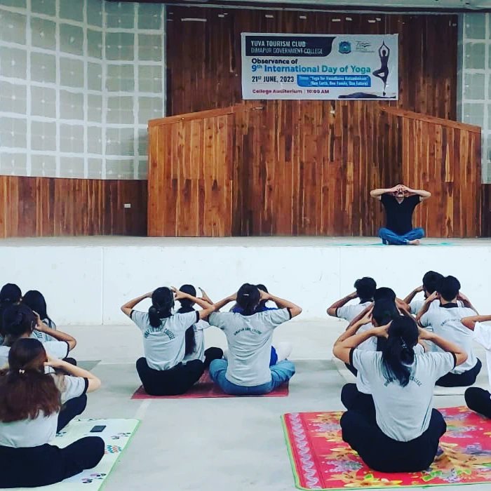 DimapurCollege's tweet photo. The Yuva Tourism Club of Dimapur Government College commemorated the 9th International Yoga Day under the theme "Yoga for Vasudhaiva Kutumbakam (One Earth, One Famiy, One future)" on the 21st of June, 2023 at the College Auditorium.
@mydhenagaland https://t.co/i0574tkNGv