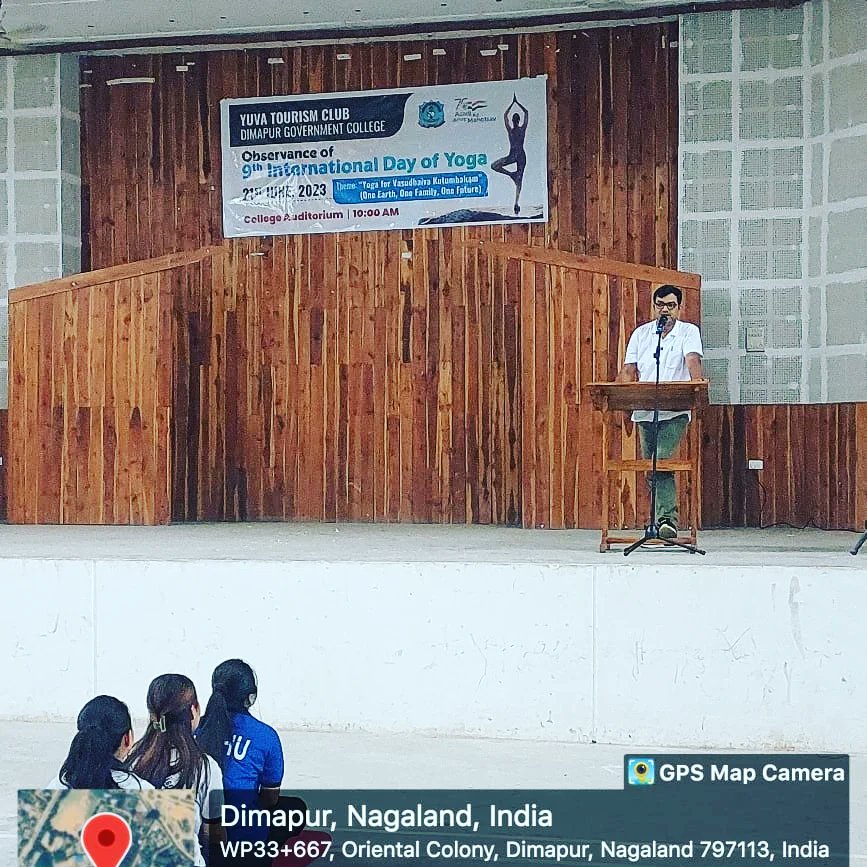 DimapurCollege's tweet photo. The Yuva Tourism Club of Dimapur Government College commemorated the 9th International Yoga Day under the theme "Yoga for Vasudhaiva Kutumbakam (One Earth, One Famiy, One future)" on the 21st of June, 2023 at the College Auditorium.
@mydhenagaland https://t.co/i0574tkNGv