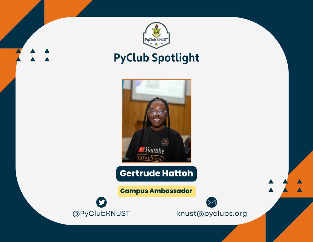 PyClubKNUST's tweet photo. ๐ Meet Miss Gertrude Hattoh! ๐๐ฌ
๐ Level 300 Biological Science student at KNUST
๐ป PyClub member & Campus Ambassador
๐ Data Scientist
Connect with her on:
๐ฆ @GertrudeHattoh
๐ผ https://t.co/TL2K0kZMTa
We celebrate her incredible journey and accomplishments! ๐๐
#PyClub https://t.co/ezCeP2K8ZC