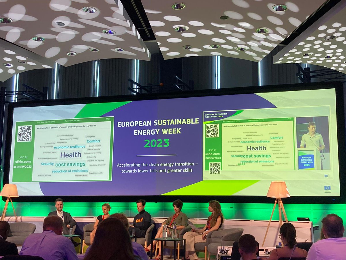A word cloud grouping together the multiple benefits of #energyefficiency here at #EUSEW2023 The 🔑 takeaway: it's not just about cutting emissions, but improving health, boosting comfort & ensuring security of supply 💡 Tune in to join the conversation; interactive.eusew.eu