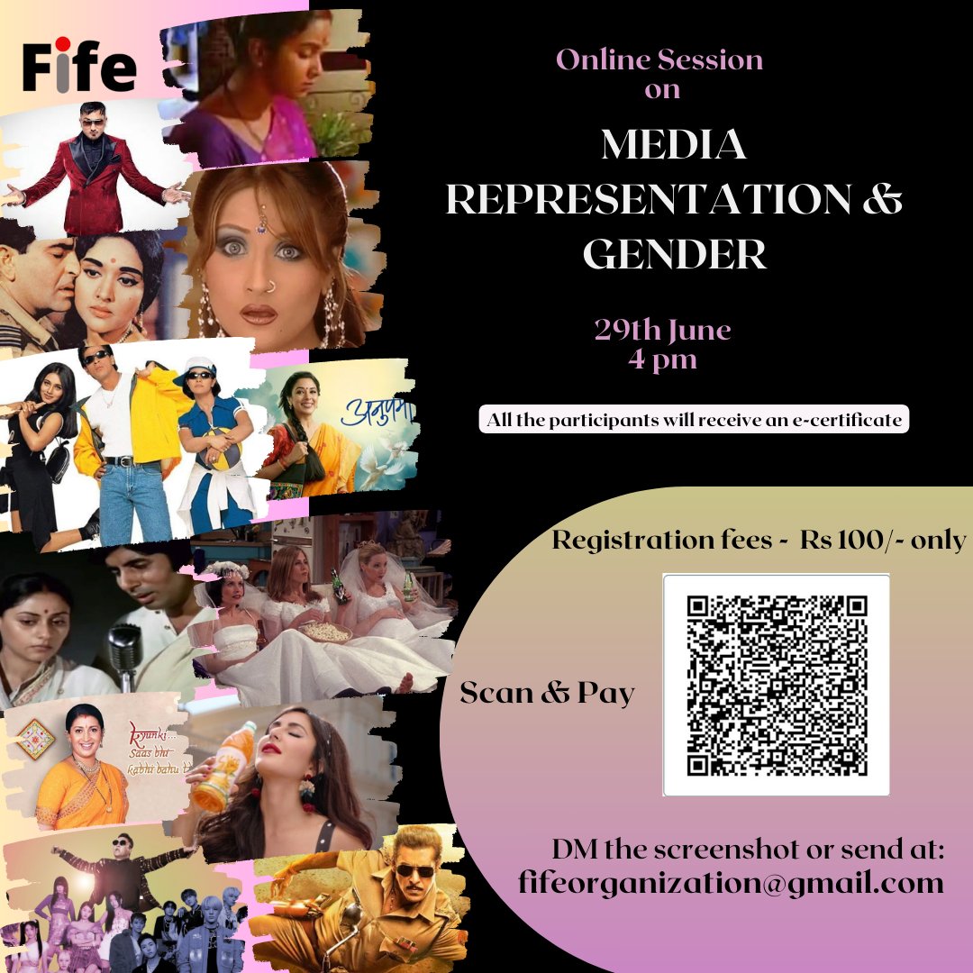 Join us for an eye-opening session on 'Media Representation and Gender'. Discover the influence of songs, films, serials, & ads. Registration Fee: INR 100/-. Scan QR code, make payment, & email the screenshot to fifeorganization@gmail.com.  #MediaRepresentation #GenderEquality