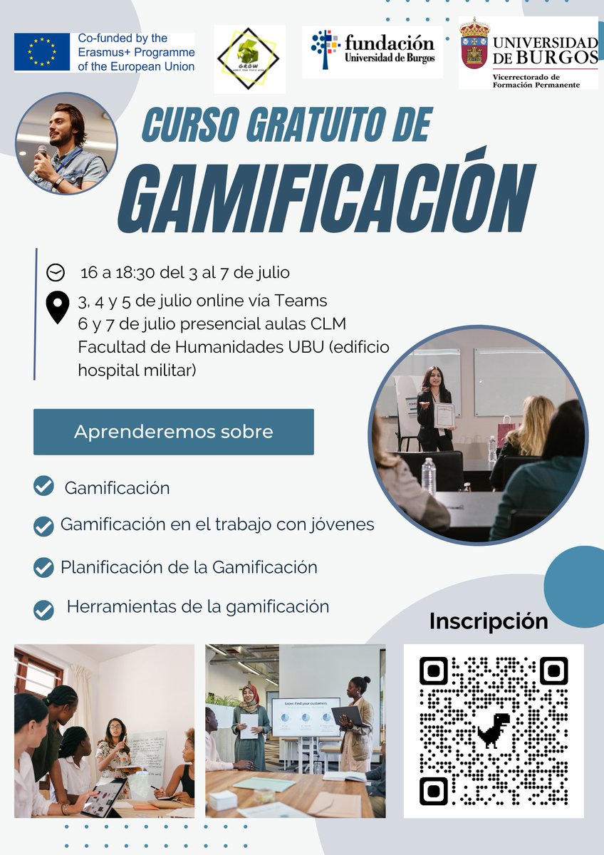 #Cursos_UBUAbierta | CURSO GRATIS DE GAMIFICACIÓN (1ª edición)
• Del 3 al 7 de Julio
• 25 horas
• Sesiones online: 3, 4 y 5 de julio de 16 a 18:30 horas
• Sesiones presenciales: 6 y 7 de julio de 16 a 18 horas
► Más info: ubu.es/te-interesa/ga…