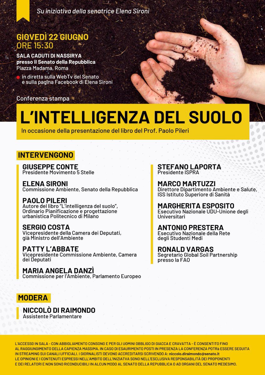 Un grande onore presentare domani il mio libro L'intelligenza del suolo in Senato. Accorrete. #diamovoceaciochevocenonha @SenatoStampa @Montecitorio @Quirinale @altreconomia @BforCJ @fffitalia @XrItaly @FAOclimate @FAO @SNPAmbiente @Luca_Mercalli @GiuseppeCederna @DastuPolimi